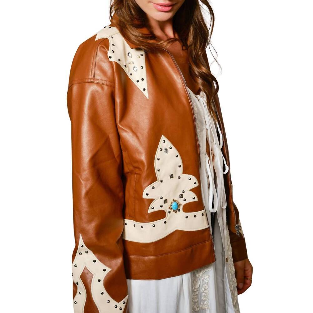 NEW BLUE B faux leather studded oversized zip-up jacket in sienna brown - Picture 2 of 5